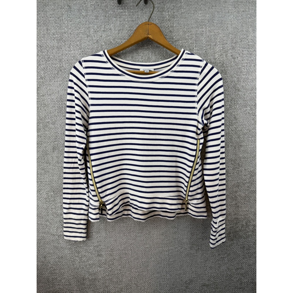 Stella & Dot Navy‎ Women's Small White Striped Long Sleeve Top Gold Side Zips